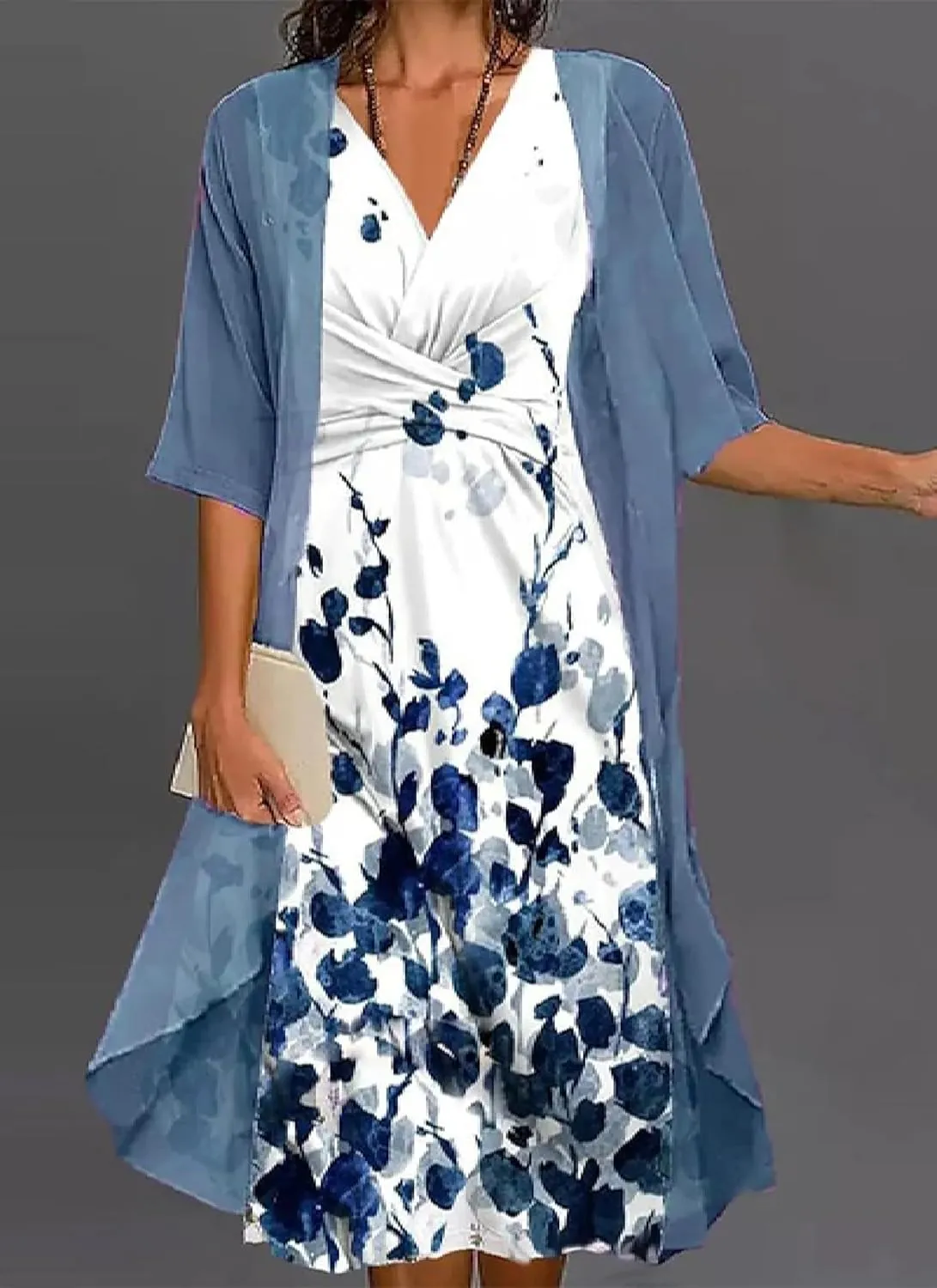 Womens 2 Piece Lounge Sets Blue Floral Print Half Sleeve Midi A-line Dress with Thin Jacket Set V Neck Clothes