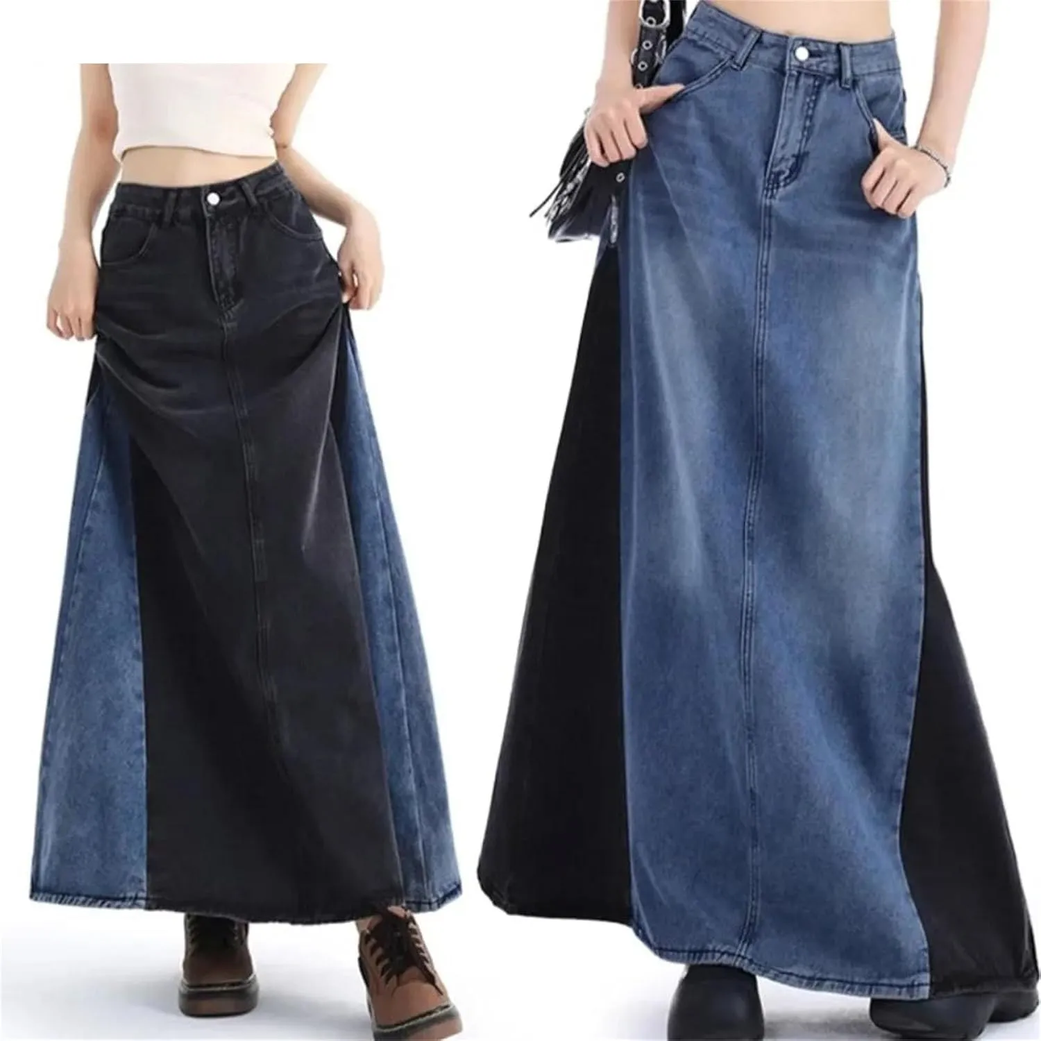 Womens All Match Patchwork Fashion Denim Skirts Spring Summer Korean Splicing High Waist Jean Dress