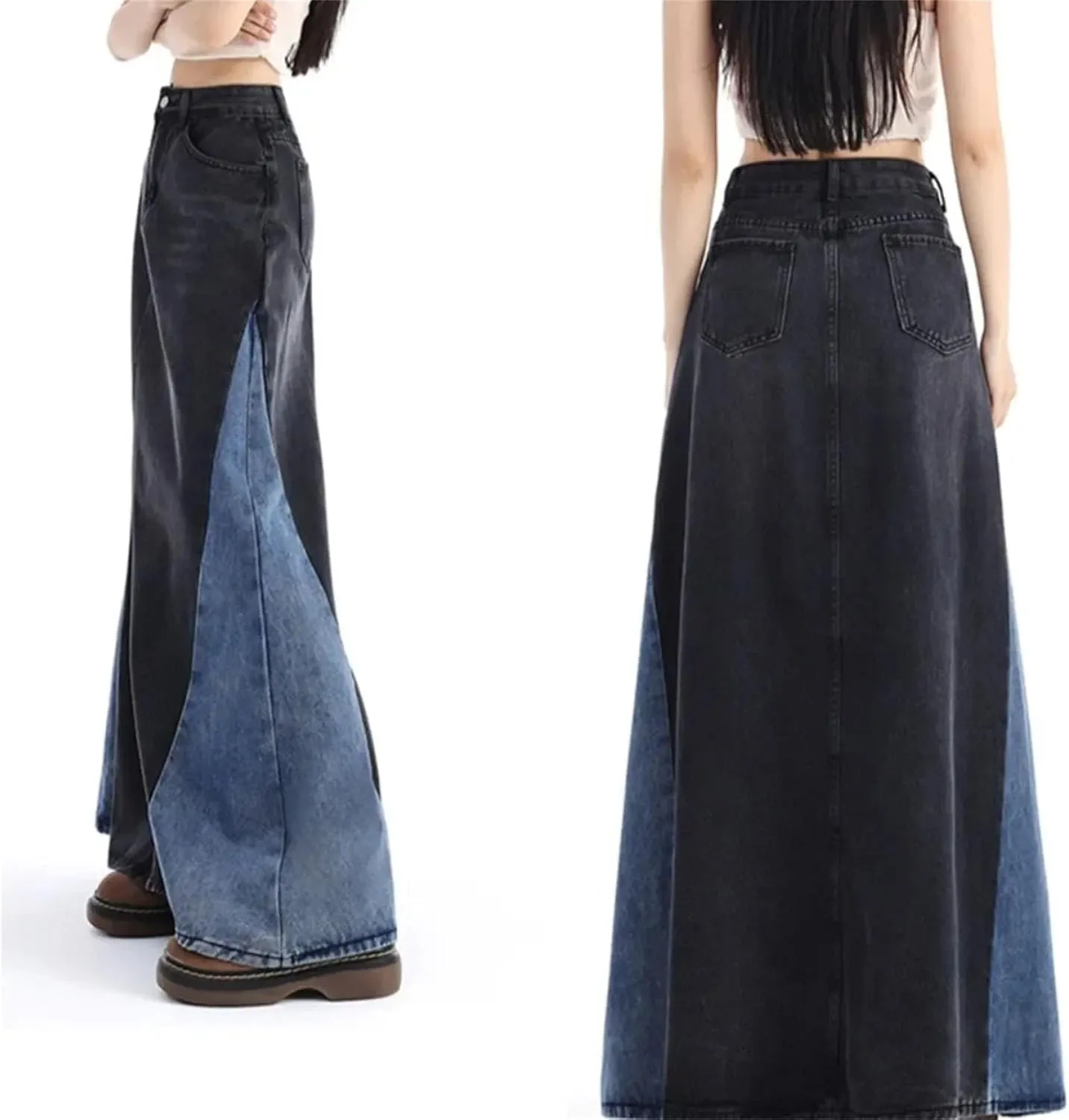 Womens All Match Patchwork Fashion Denim Skirts Spring Summer Korean Splicing High Waist Jean Dress