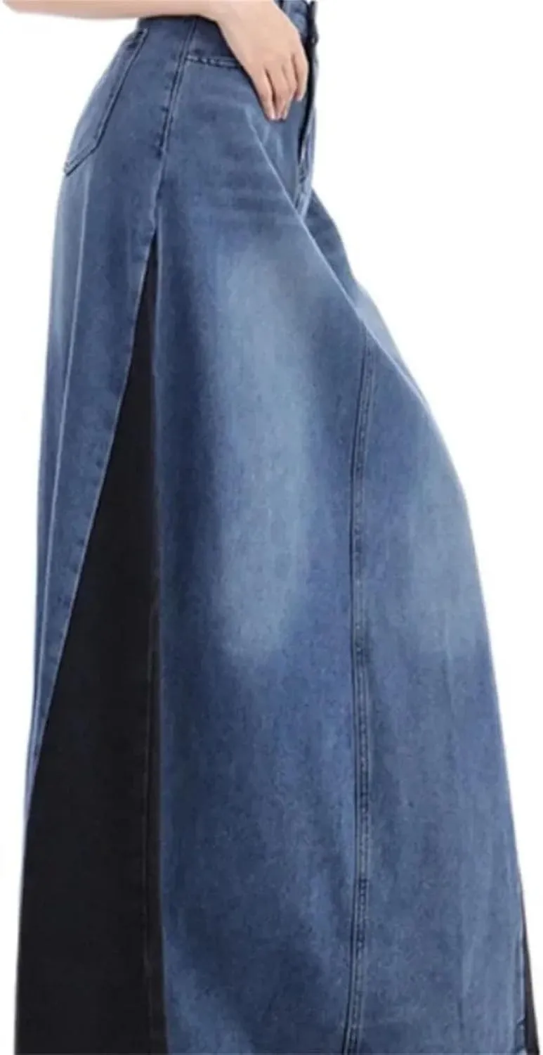 Womens All Match Patchwork Fashion Denim Skirts Spring Summer Korean Splicing High Waist Jean Dress
