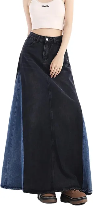 Womens All Match Patchwork Fashion Denim Skirts Spring Summer Korean Splicing High Waist Jean Dress