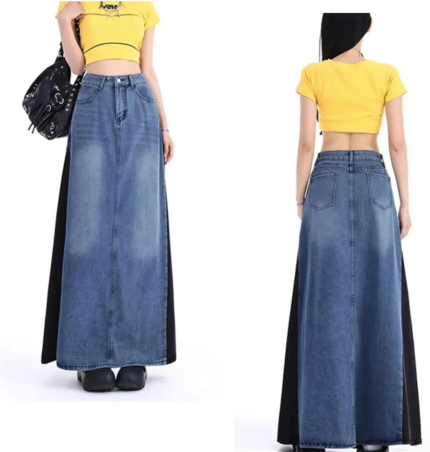 Womens All Match Patchwork Fashion Denim Skirts Spring Summer Korean Splicing High Waist Jean Dress