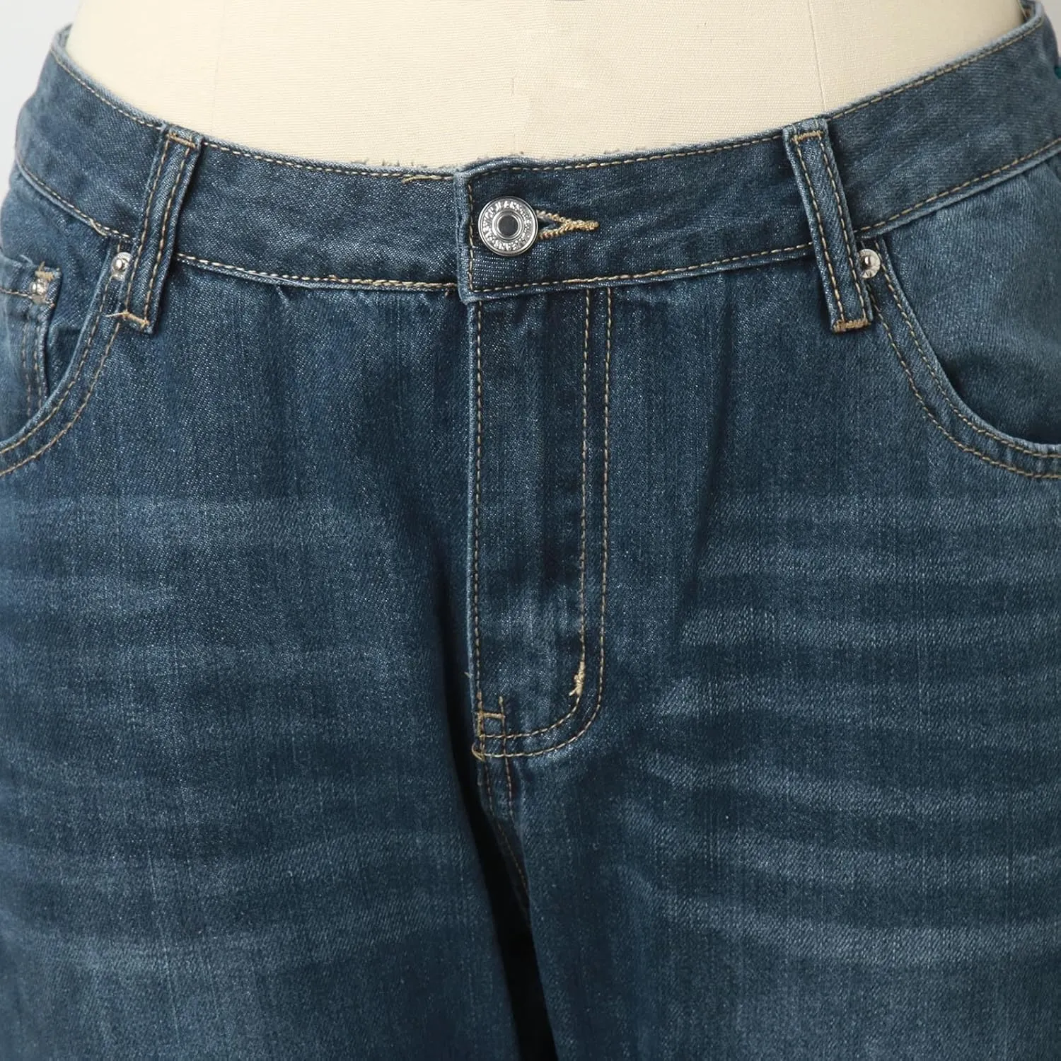 Womens Baggy Barrel Jeans Boyfriend,Stretch Mid Waisted Pants Button Straight Leg Jeans Skinny Fit Trousers