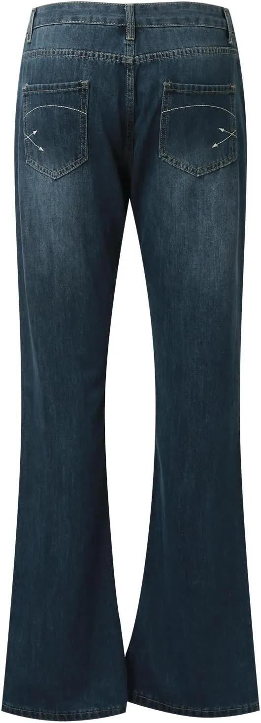 Womens Baggy Barrel Jeans Boyfriend,Stretch Mid Waisted Pants Button Straight Leg Jeans Skinny Fit Trousers