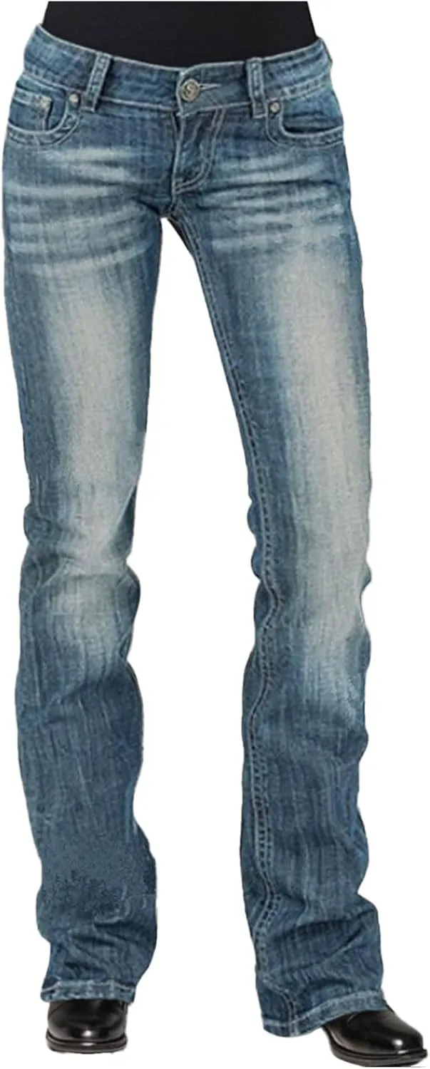 Womens Baggy Barrel Jeans Boyfriend,Stretch Mid Waisted Pants Button Straight Leg Jeans Skinny Fit Trousers