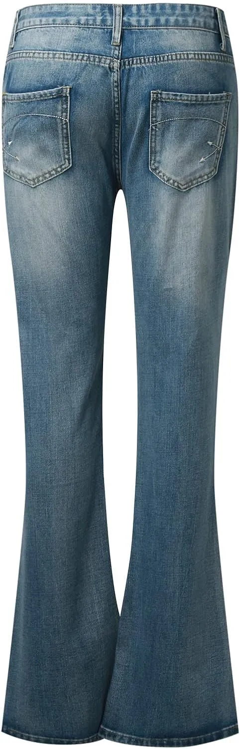 Womens Baggy Barrel Jeans Boyfriend,Stretch Mid Waisted Pants Button Straight Leg Jeans Skinny Fit Trousers