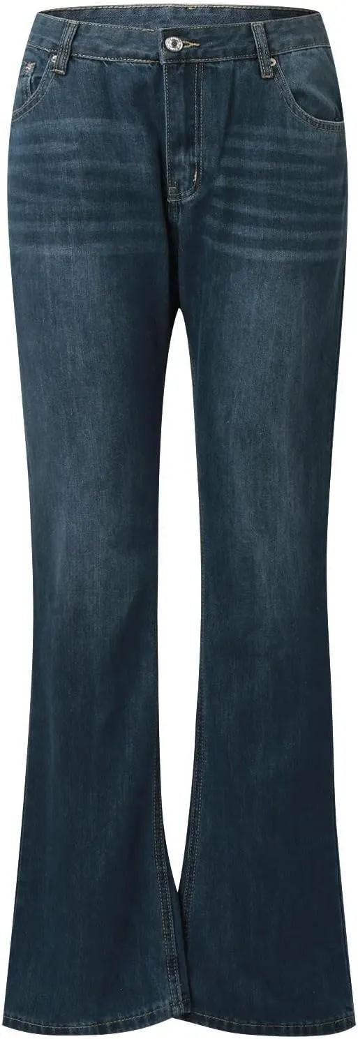 Womens Baggy Barrel Jeans Boyfriend,Stretch Mid Waisted Pants Button Straight Leg Jeans Skinny Fit Trousers