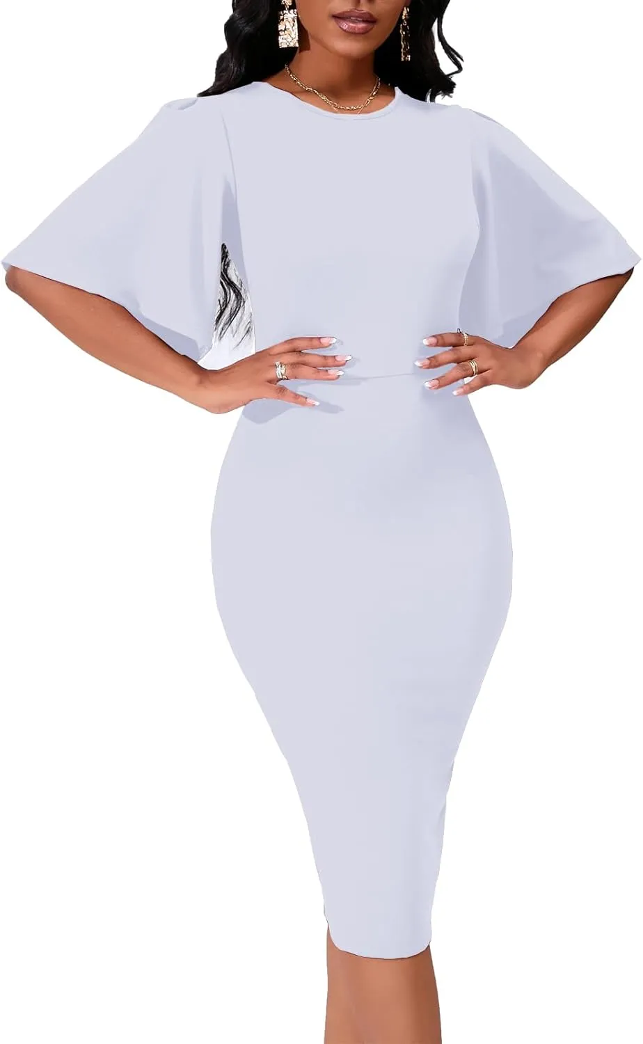 Women's Basic Bodycon Ruffle Flared Short Sleeve Pencil Midi Dress