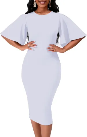 Women's Basic Bodycon Ruffle Flared Short Sleeve Pencil Midi Dress