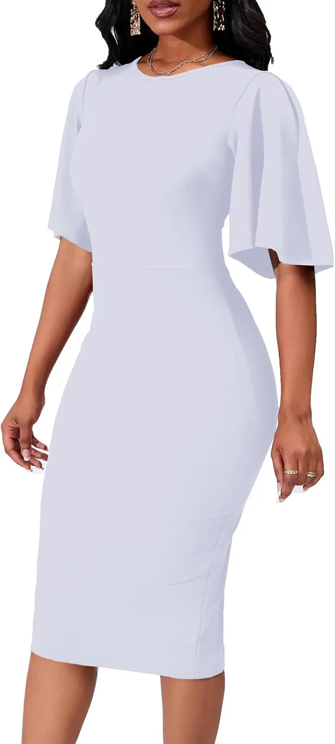 Women's Basic Bodycon Ruffle Flared Short Sleeve Pencil Midi Dress