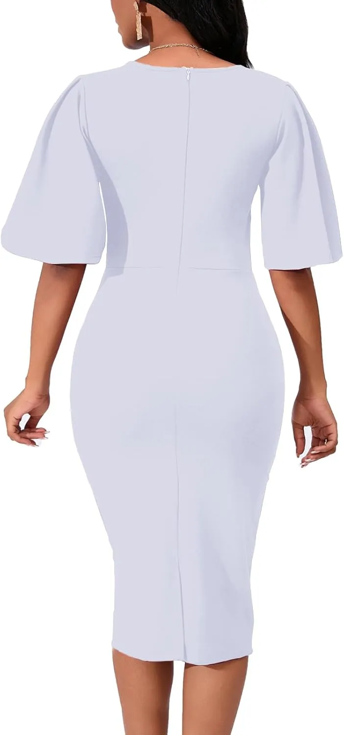 Women's Basic Bodycon Ruffle Flared Short Sleeve Pencil Midi Dress