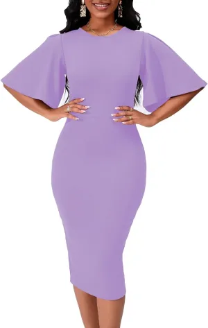 Womens Bodycon Ruffle Flared Short Sleeve Pencil Midi Dress