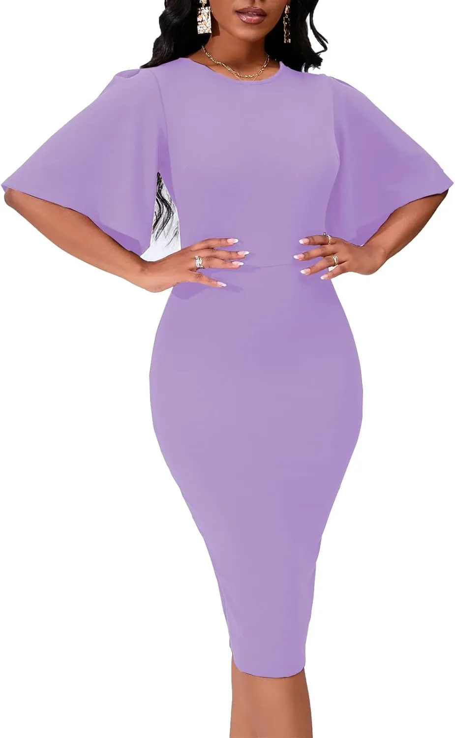 Womens Bodycon Ruffle Flared Short Sleeve Pencil Midi Dress