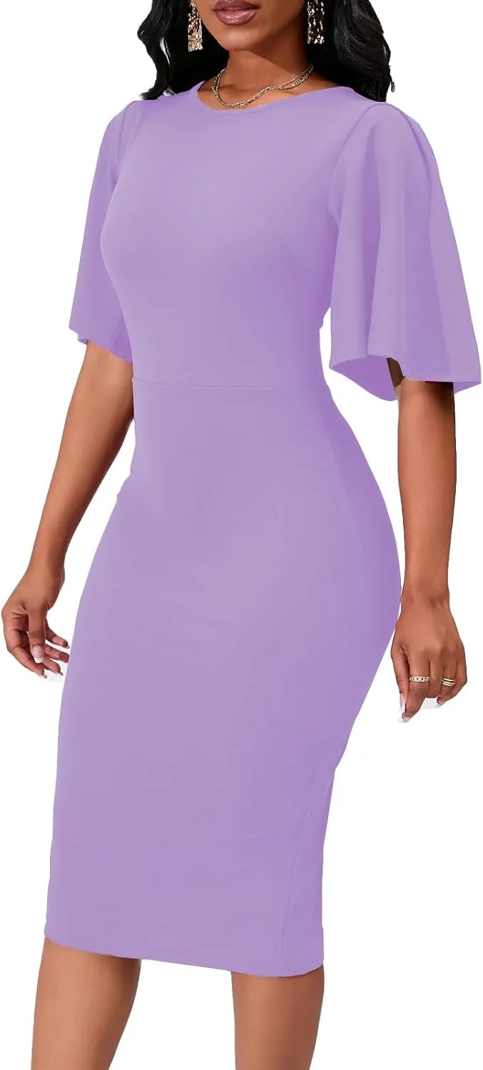 Womens Bodycon Ruffle Flared Short Sleeve Pencil Midi Dress