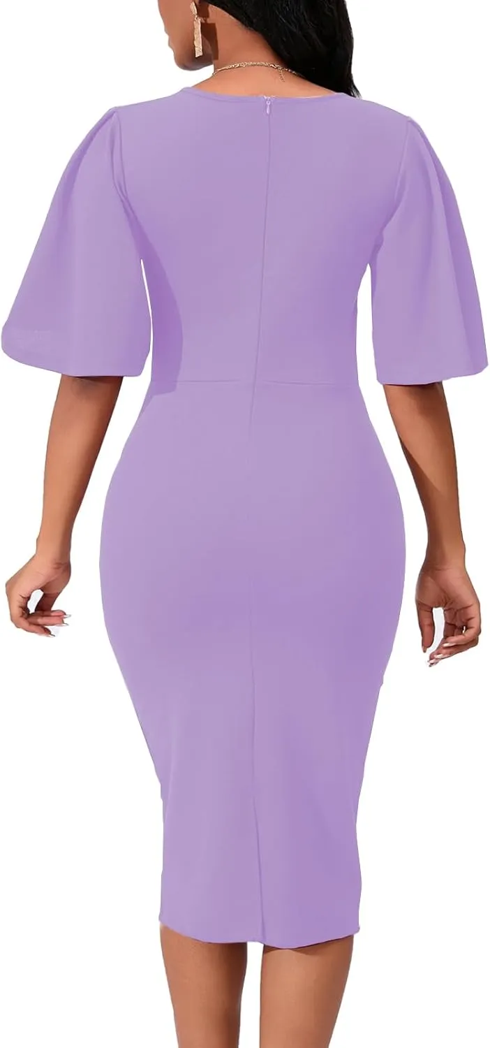 Womens Bodycon Ruffle Flared Short Sleeve Pencil Midi Dress