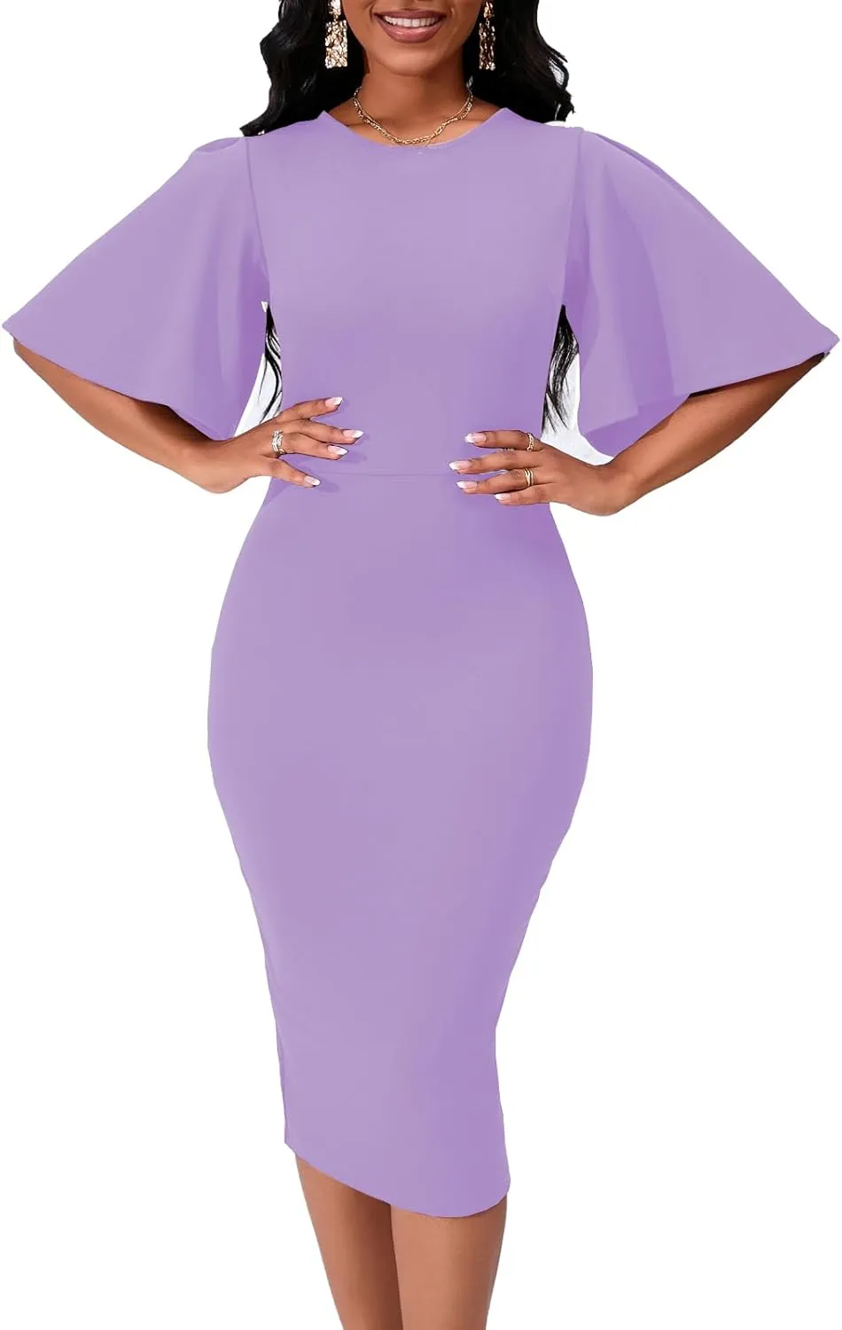 Womens Bodycon Ruffle Flared Short Sleeve Pencil Midi Dress