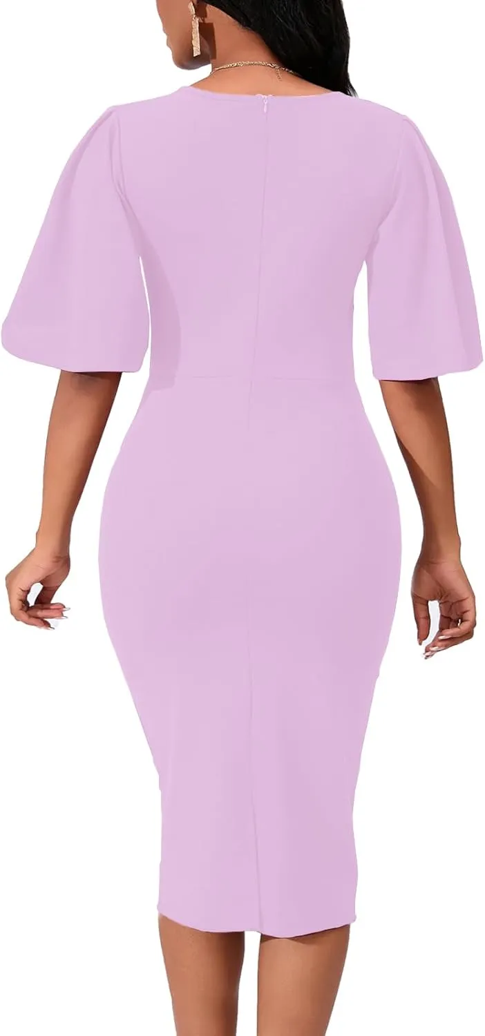 Womens Bodycon Ruffle Flared Short Sleeve Pencil Midi Dress