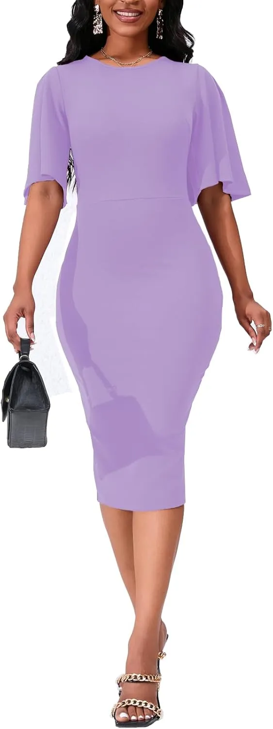 Womens Bodycon Ruffle Flared Short Sleeve Pencil Midi Dress