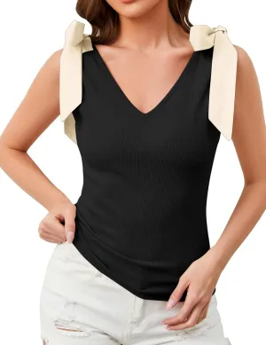 Women's Bow Tie Shoulder Strap Knit Tank Tops V Neck Slim Fit Casual Tie Strap Sleeveless Knit Tops Camisoles