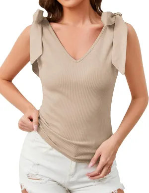 Women's Bow Tie Shoulder Strap Knit Tank Tops V Neck Slim Fit Casual Tie Strap Sleeveless Knit Tops Camisoles