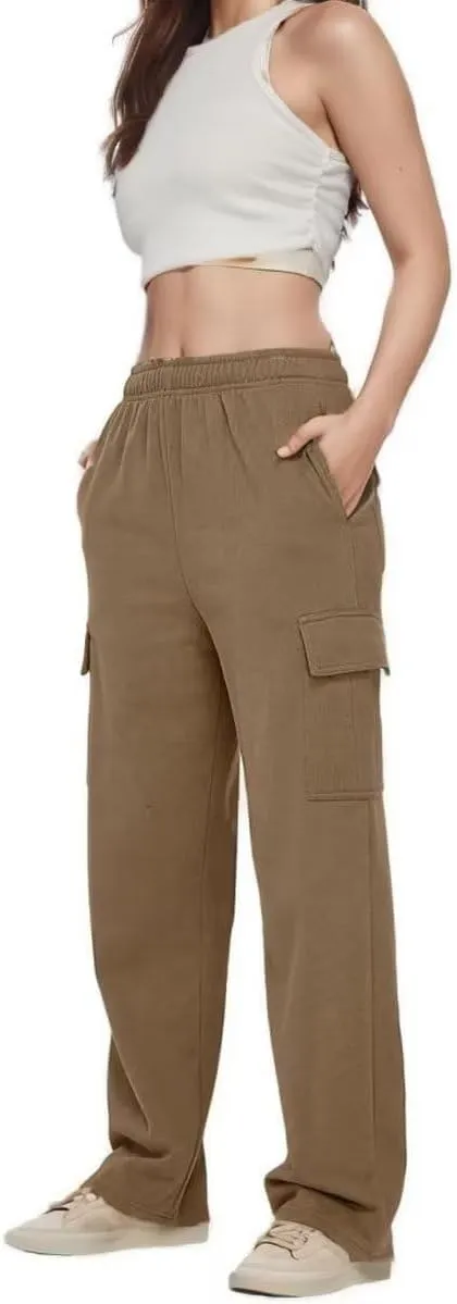 Womens Cargo Sweatpants Baggy Wide Leg Pants Warm Elastic High Waist Joggers Fall Track Lounge Trousers with Pockets