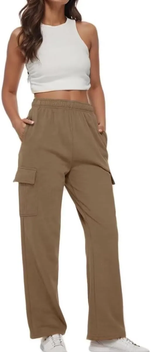 Womens Cargo Sweatpants Baggy Wide Leg Pants Warm Elastic High Waist Joggers Fall Track Lounge Trousers with Pockets