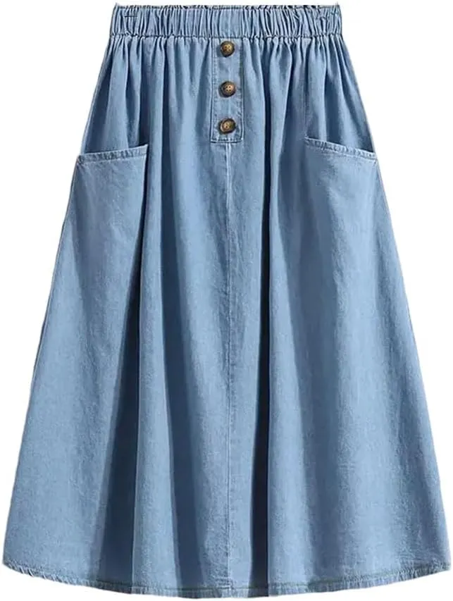 Women's Casual Denim Skirts 2025 Spring Elastic High Waist A-Line Jean Skirt