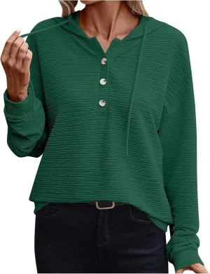 Women's Casual Hoodies Long Sleeve Solid Color Lightweight Pullover Tops Loose Sweatshirt Pleated Drawstring Shirts