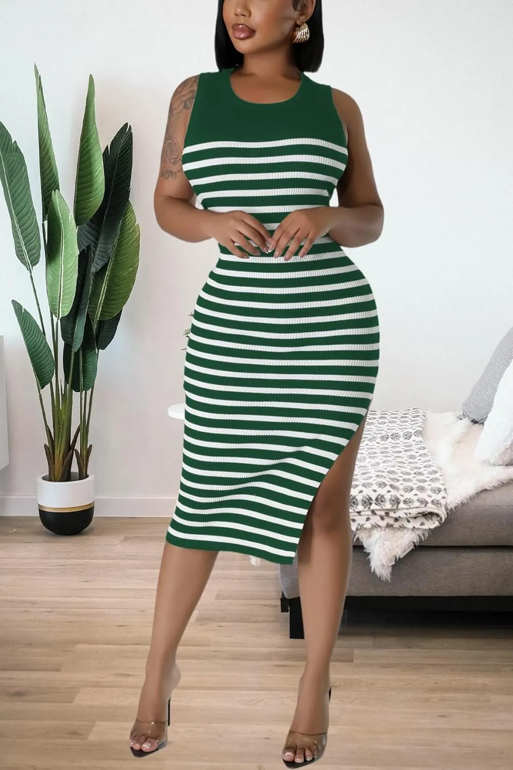 Women's Casual Ribbed Knit Bodycon Tank Dress Round Neck Sleeveless Slit Midi Dresses