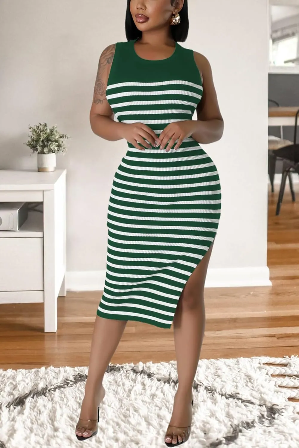 Women's Casual Ribbed Knit Bodycon Tank Dress Round Neck Sleeveless Slit Midi Dresses