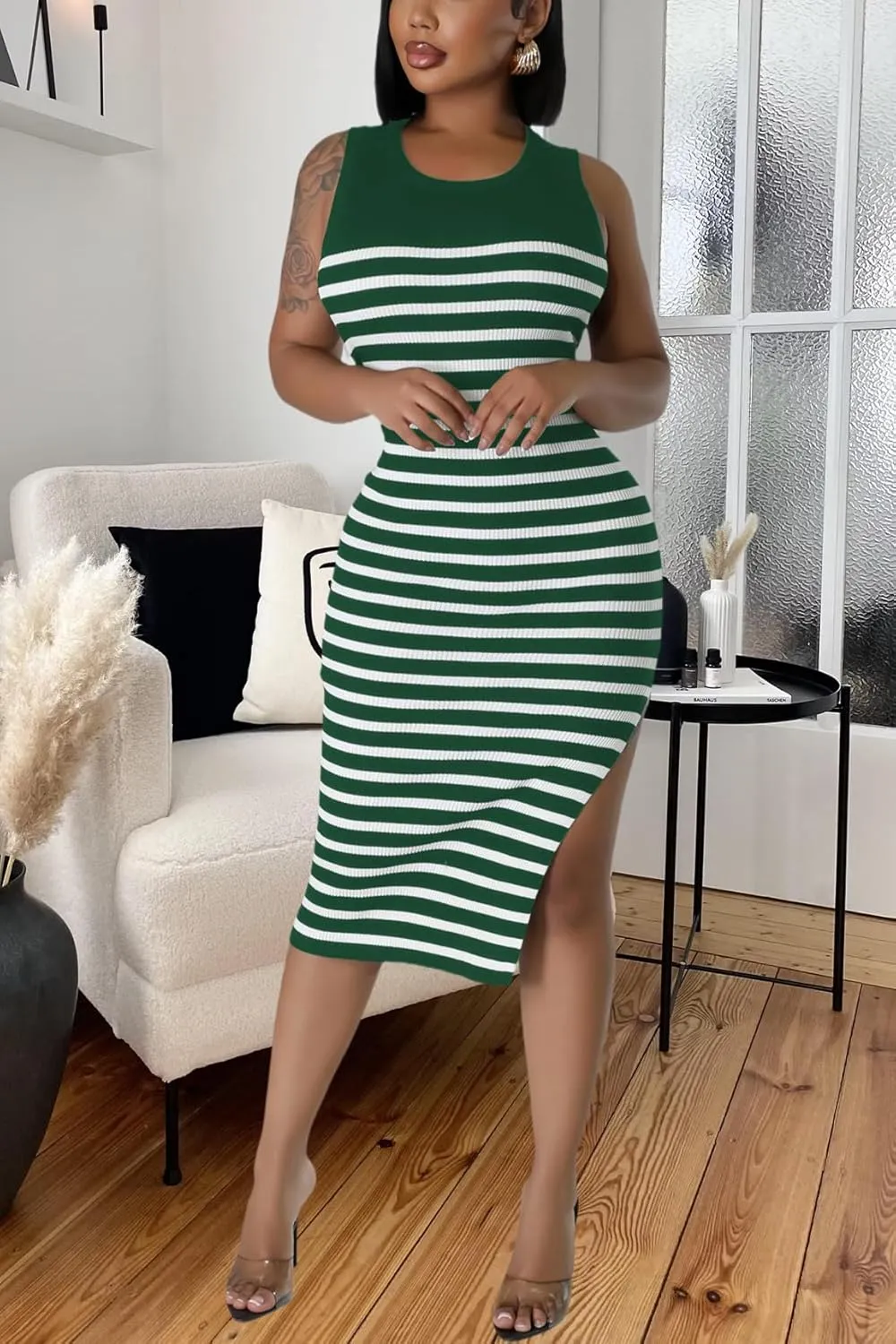 Women's Casual Ribbed Knit Bodycon Tank Dress Round Neck Sleeveless Slit Midi Dresses