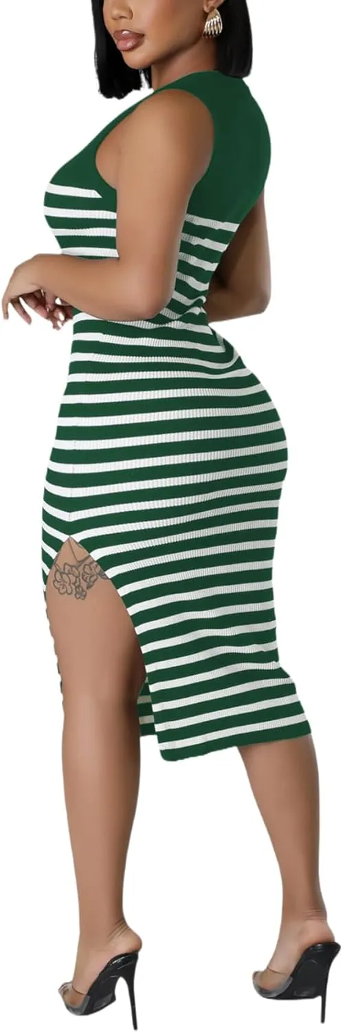 Women's Casual Ribbed Knit Bodycon Tank Dress Round Neck Sleeveless Slit Midi Dresses