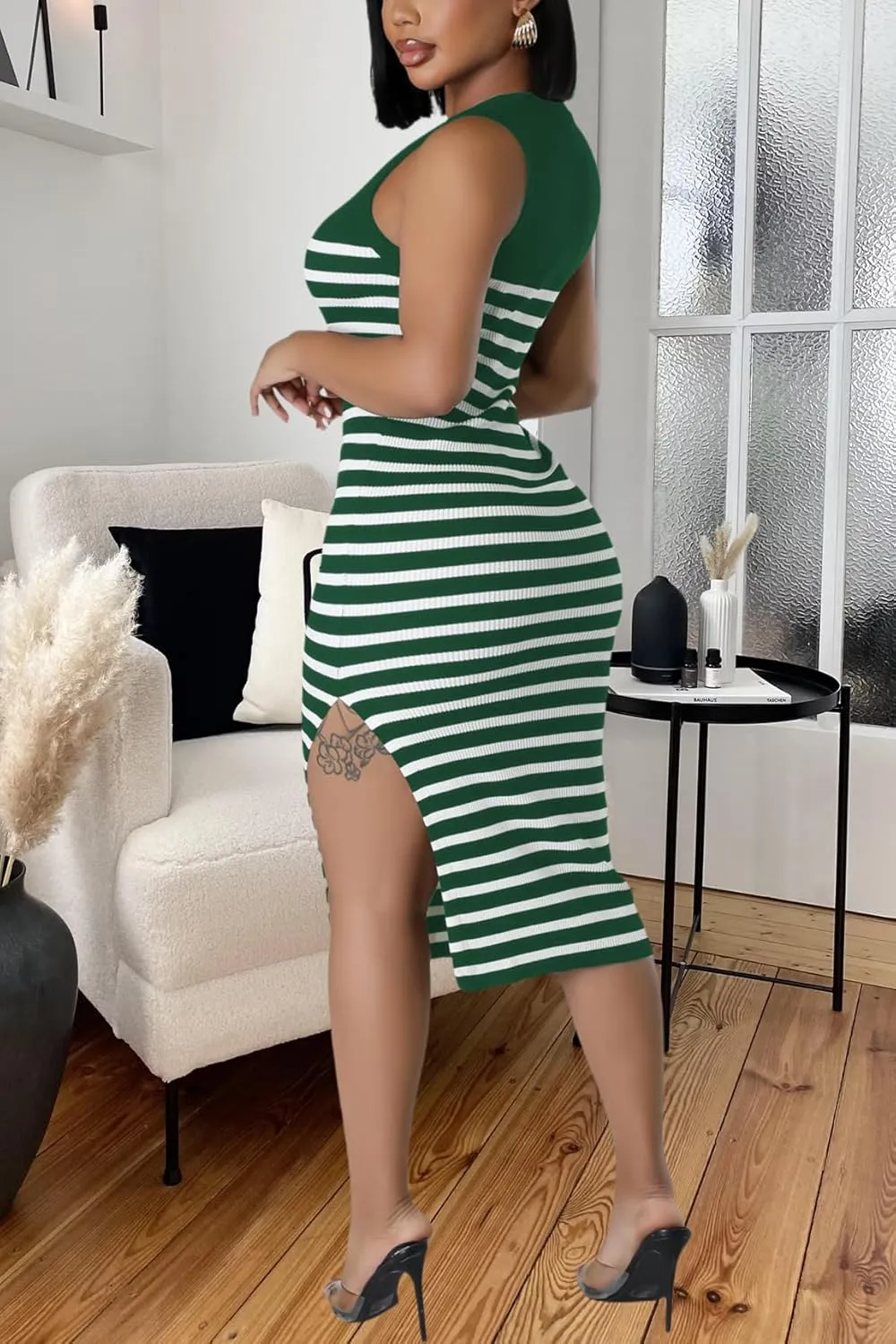 Women's Casual Ribbed Knit Bodycon Tank Dress Round Neck Sleeveless Slit Midi Dresses