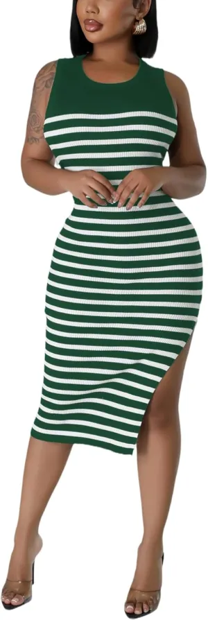 Women's Casual Ribbed Knit Bodycon Tank Dress Round Neck Sleeveless Slit Midi Dresses