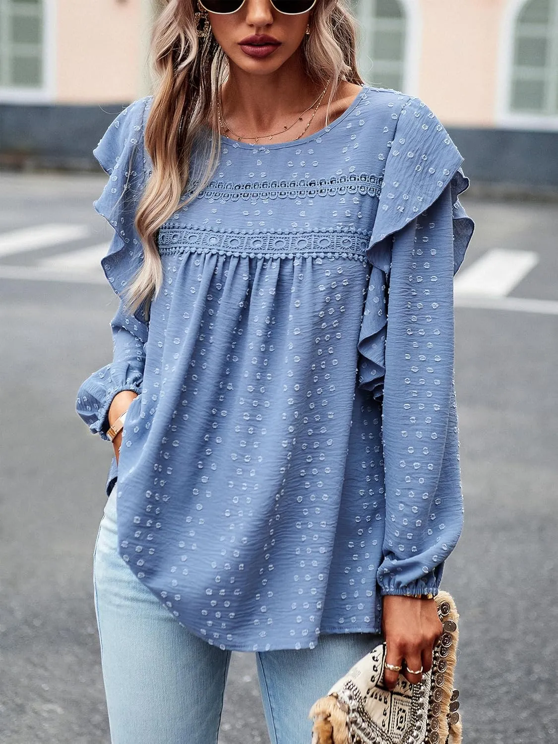 Women's Casual Tops Crewneck Lace Crochet Flowy Ruffle Shoulder Long Sleeve Blouses Shirts