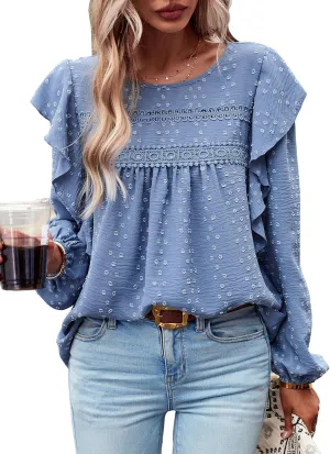 Women's Casual Tops Crewneck Lace Crochet Flowy Ruffle Shoulder Long Sleeve Blouses Shirts