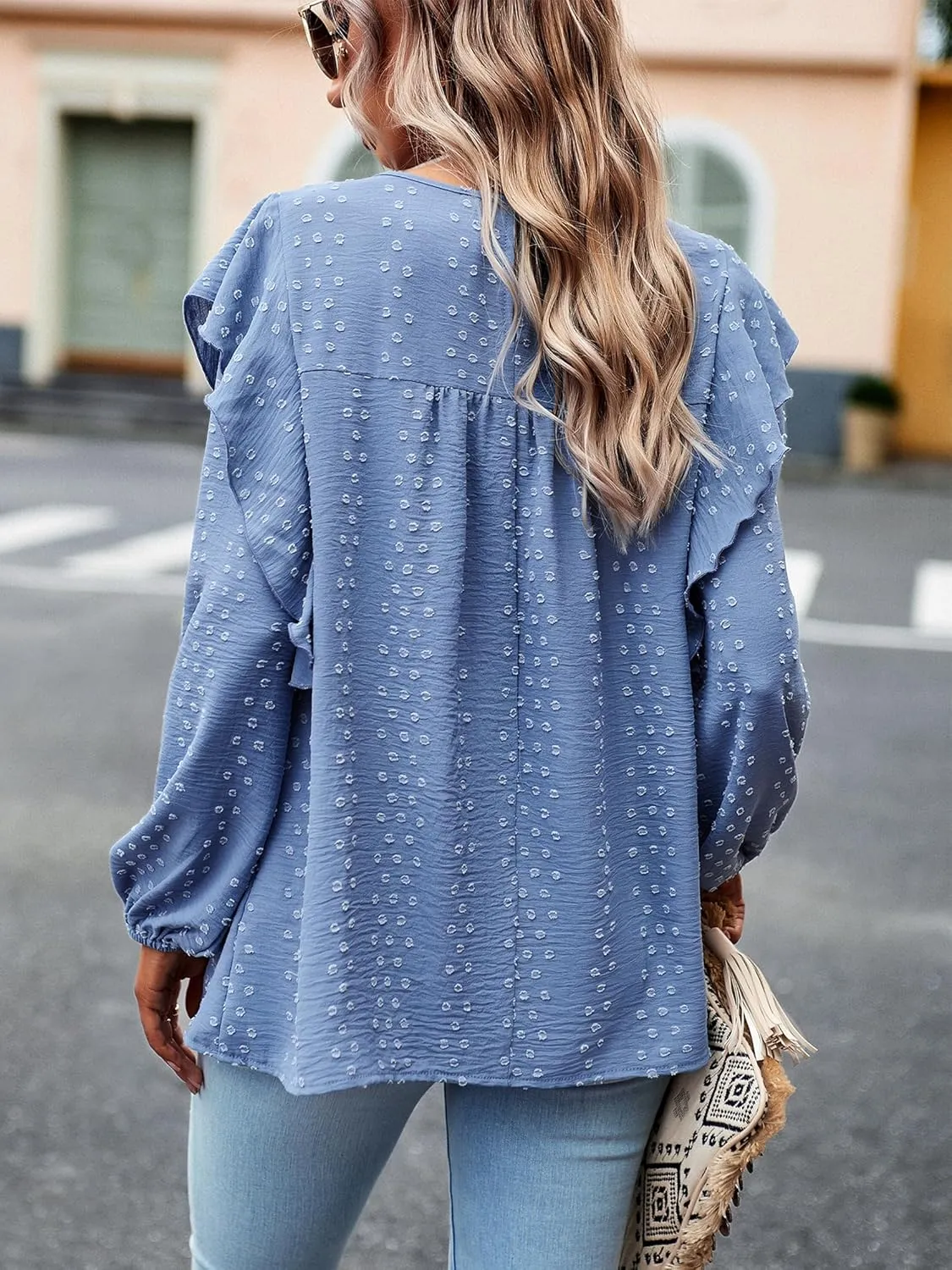 Women's Casual Tops Crewneck Lace Crochet Flowy Ruffle Shoulder Long Sleeve Blouses Shirts