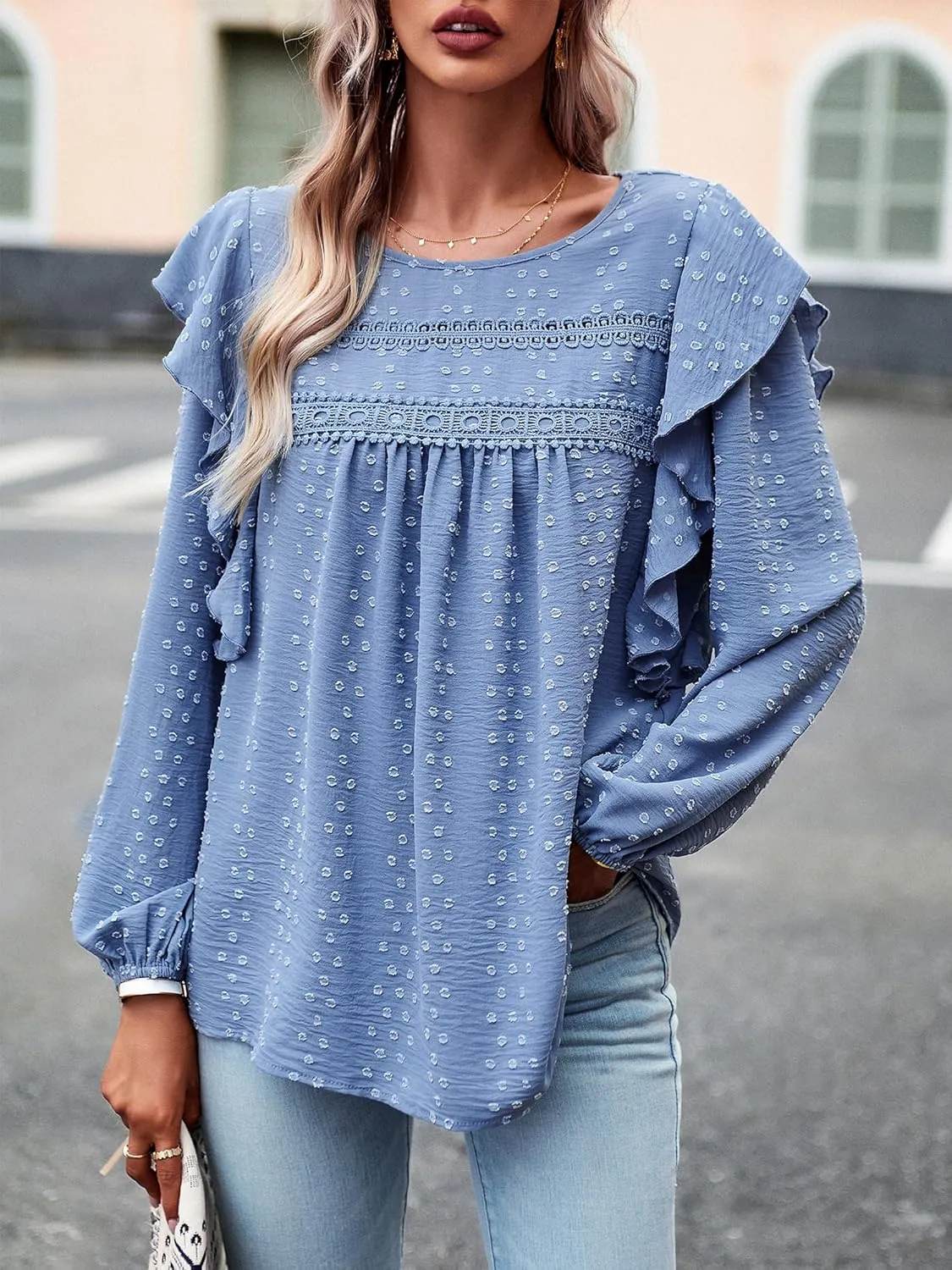 Women's Casual Tops Crewneck Lace Crochet Flowy Ruffle Shoulder Long Sleeve Blouses Shirts