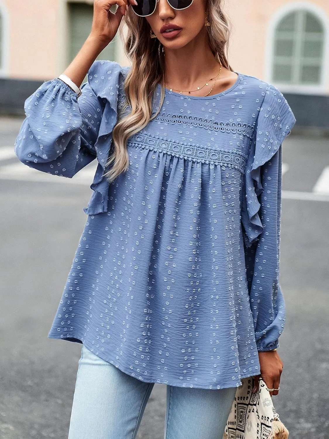 Women's Casual Tops Crewneck Lace Crochet Flowy Ruffle Shoulder Long Sleeve Blouses Shirts