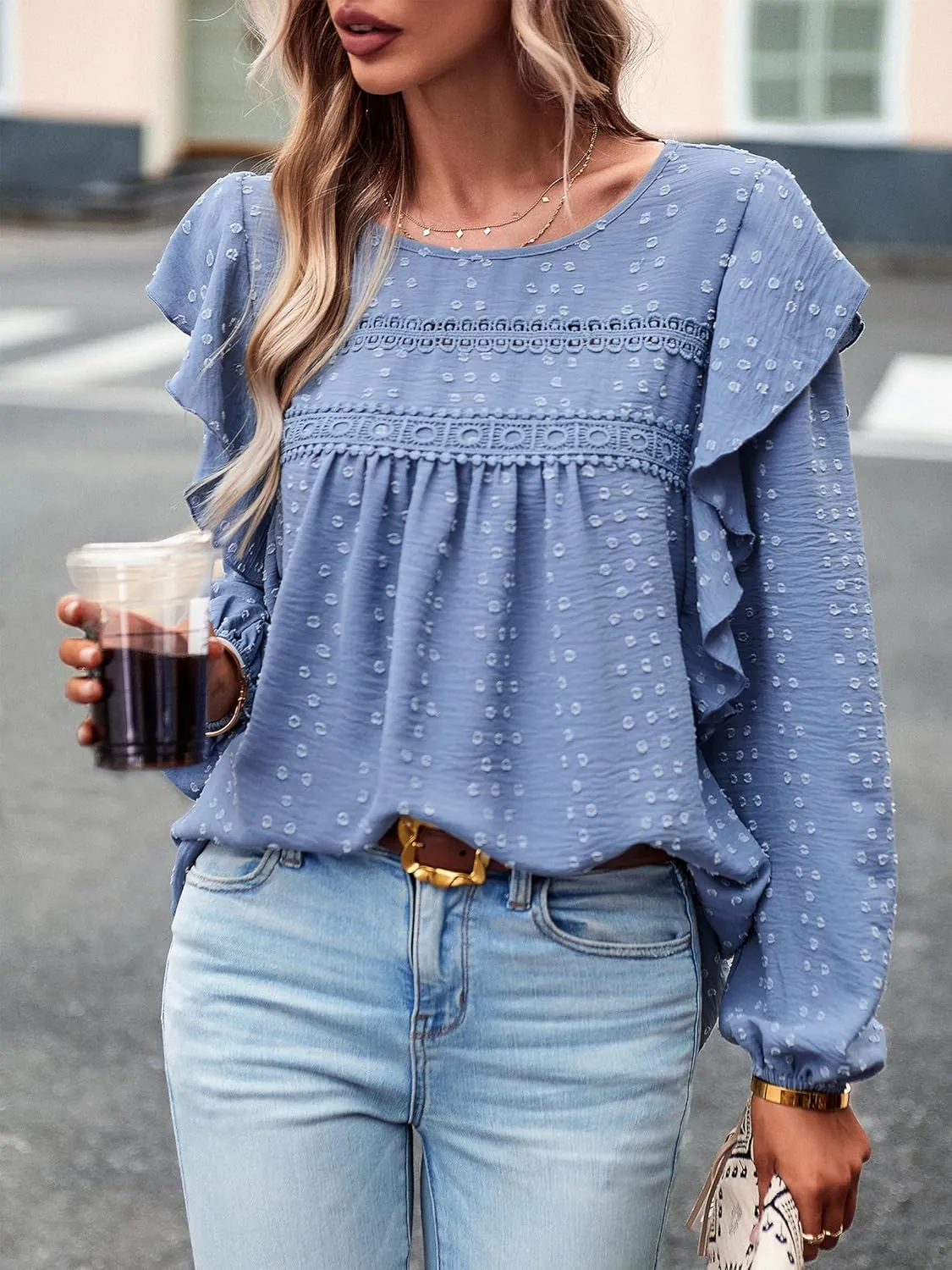 Women's Casual Tops Crewneck Lace Crochet Flowy Ruffle Shoulder Long Sleeve Blouses Shirts