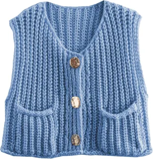 Women's Chunky Cropped Sweater Vest Sleeveless Button Down Trendy Cardigan Knit Crop Tops with Pockets