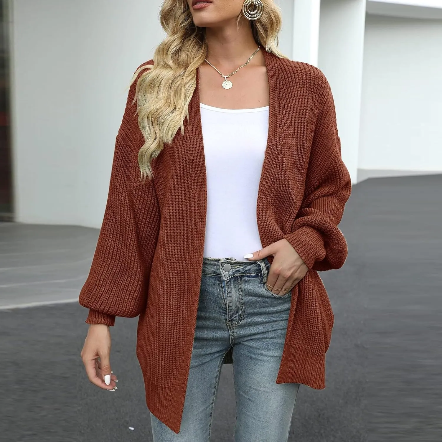 Women's Chunky Knit Open Front Sweater Oversized Cozy Long Sleeve Button Loose Cardigans Sweaters Warm Winter Coats