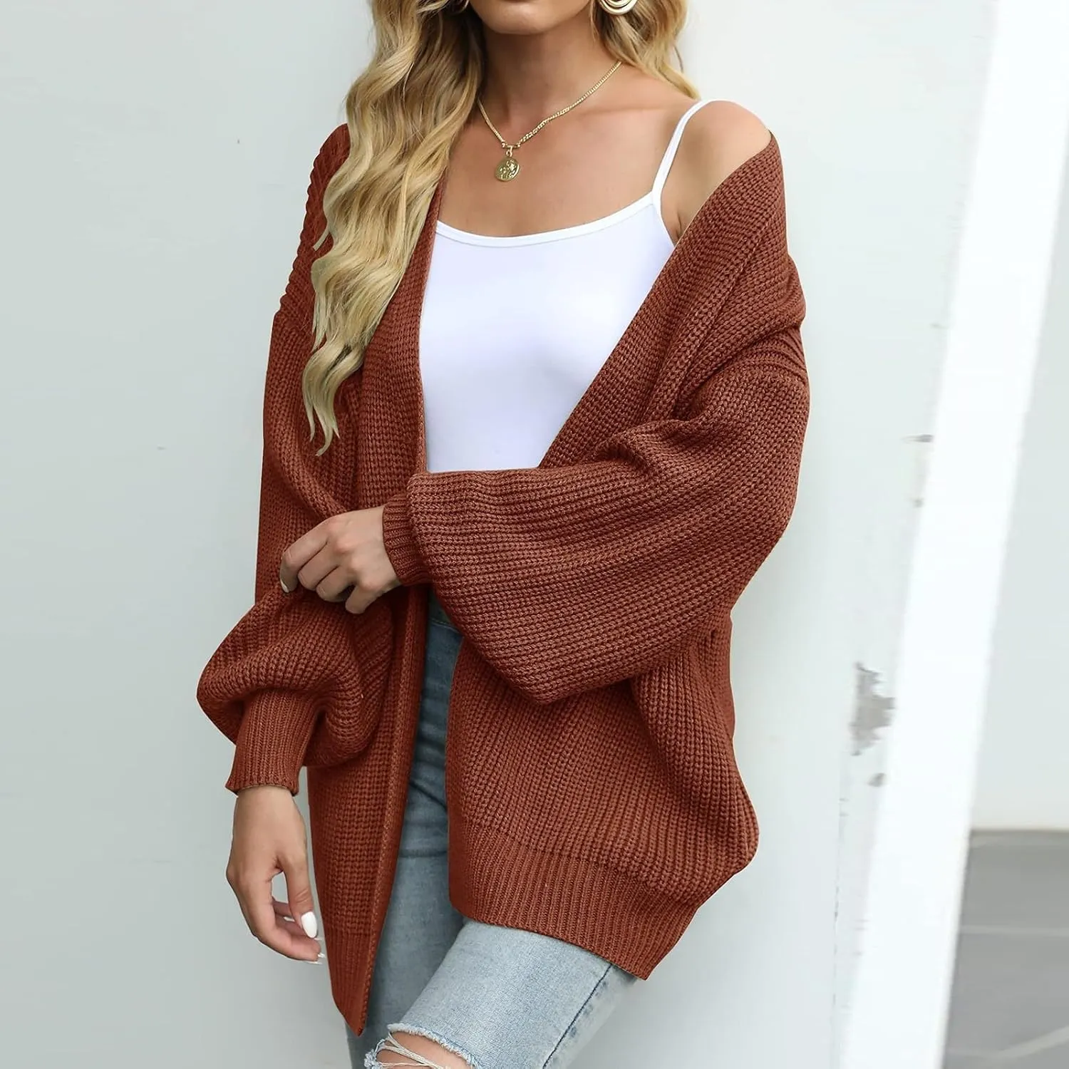 Women's Chunky Knit Open Front Sweater Oversized Cozy Long Sleeve Button Loose Cardigans Sweaters Warm Winter Coats