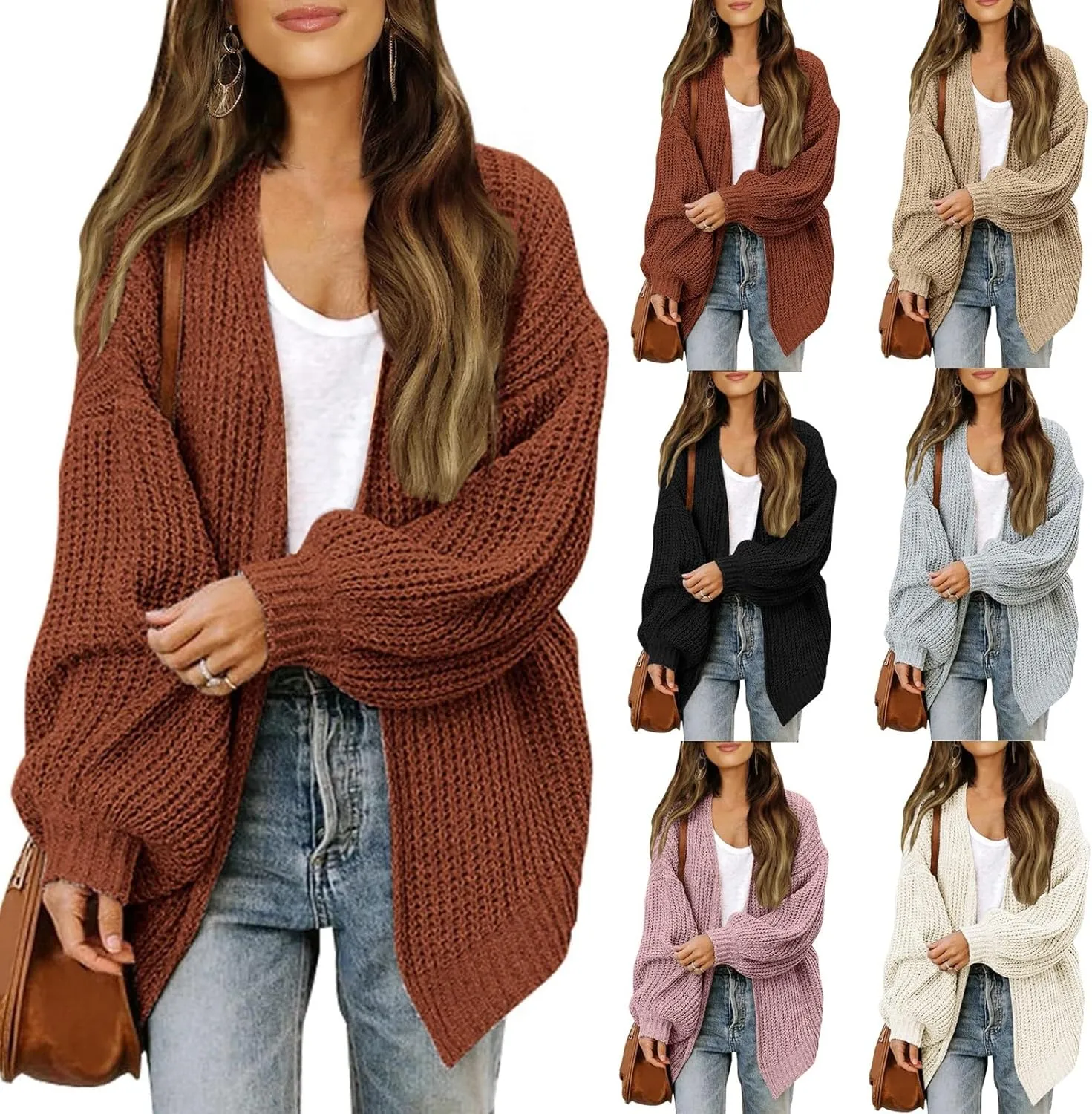 Women's Chunky Knit Open Front Sweater Oversized Cozy Long Sleeve Button Loose Cardigans Sweaters Warm Winter Coats
