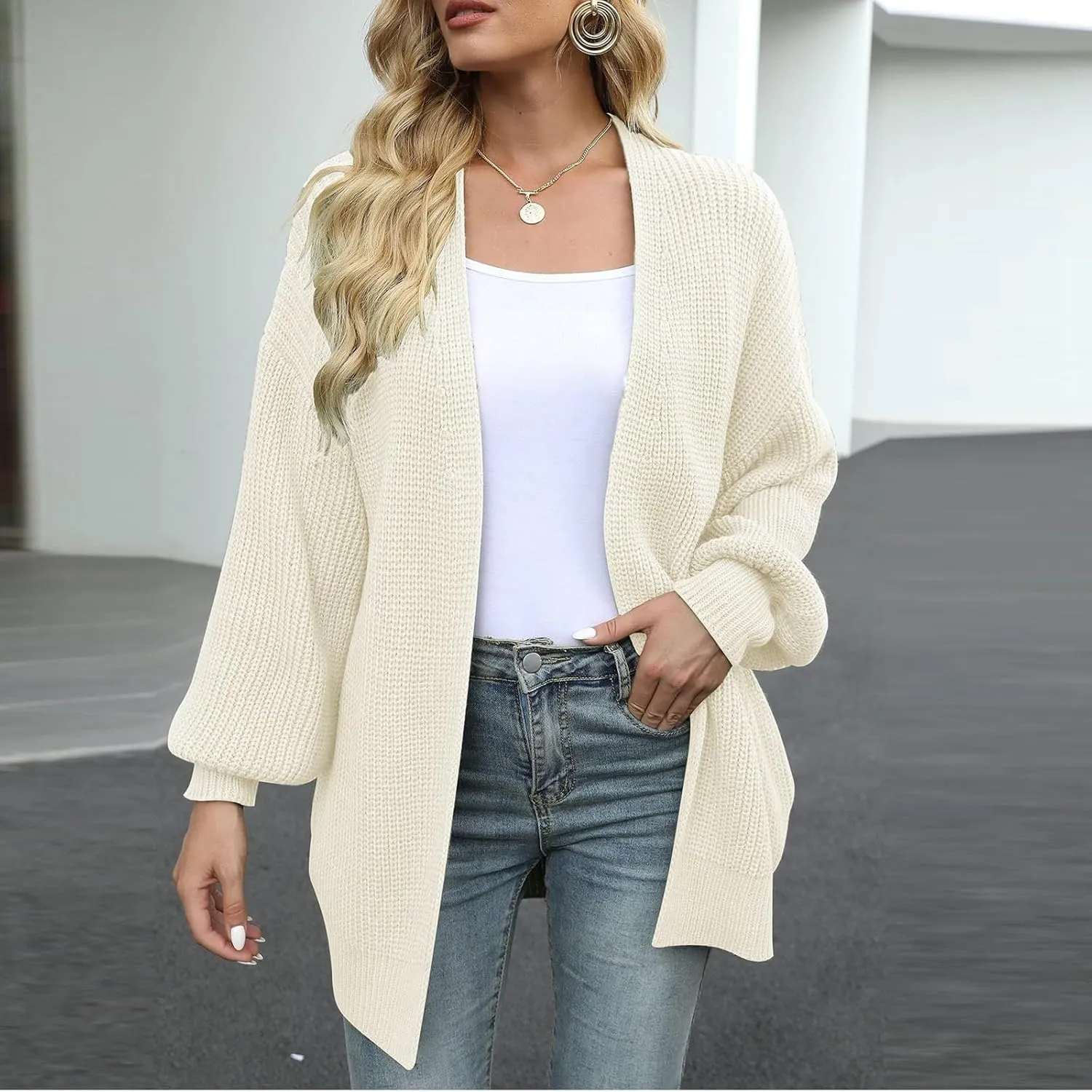 Women's Chunky Knit Open Front Sweater Oversized Cozy Long Sleeve Button Loose Cardigans Sweaters Warm Winter Coats