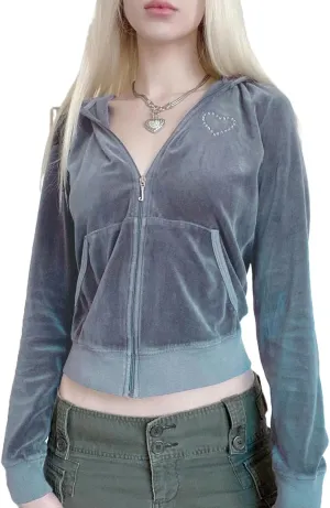 Women's Cropped Zip Up Hoodie Y2K Vintage Velvet Hooded Sweatshirt Cute Hoodies Teen Girl Fall Jacket