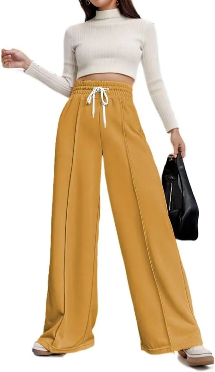 Women's Drawstring Elastic High Waist Wide Leg Sweatpants Trendy Lounge Pants Fall Fashion Trousers with Pockets