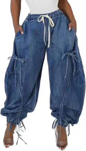 Womens Drawstring High Waist Baggy Straight Wide Leg Jeans Stretchy Y2k Loose Boyfriend Cargo Denim Pants Pockets