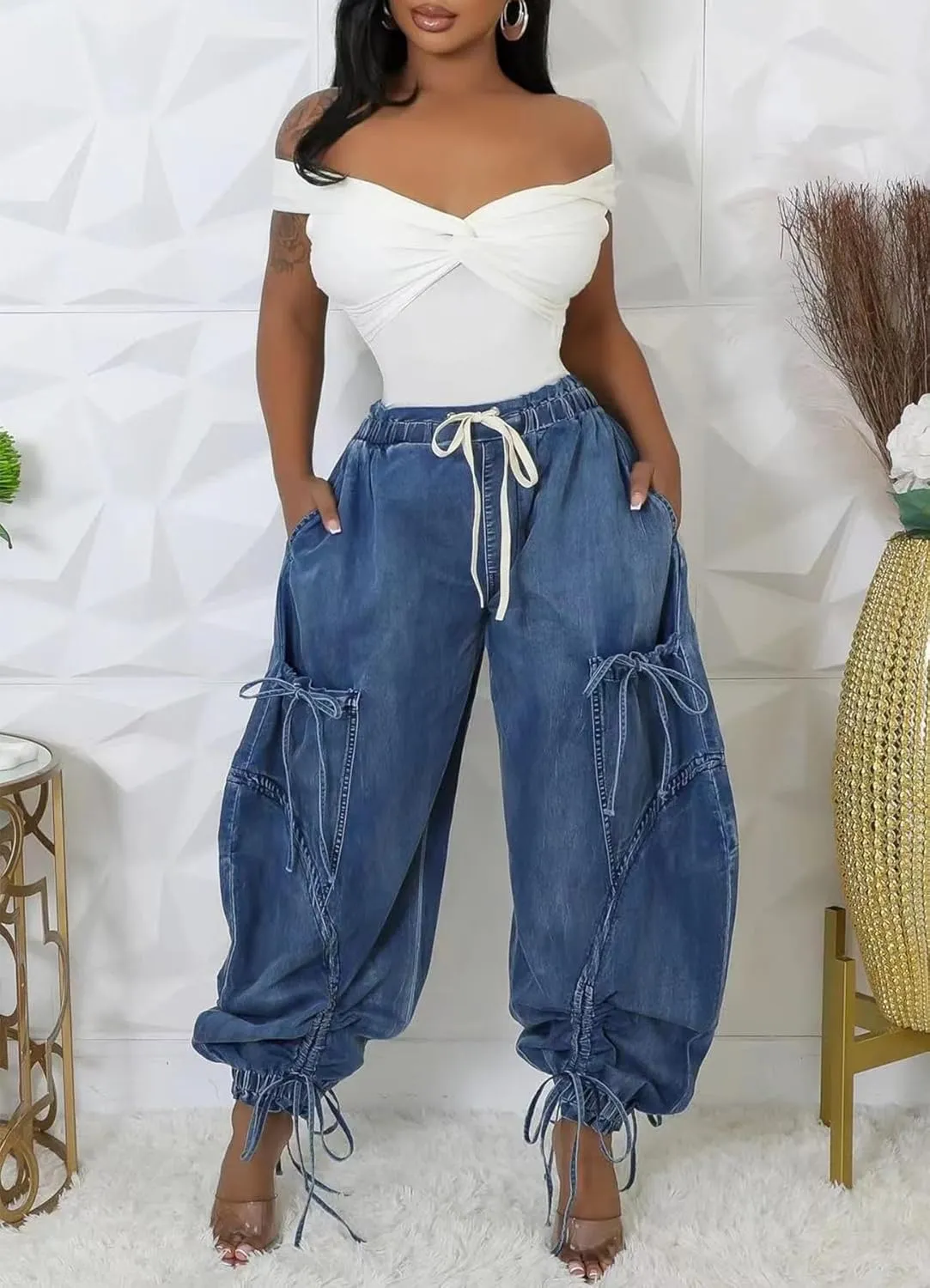 Womens Drawstring High Waist Baggy Straight Wide Leg Jeans Stretchy Y2k Loose Boyfriend Cargo Denim Pants Pockets
