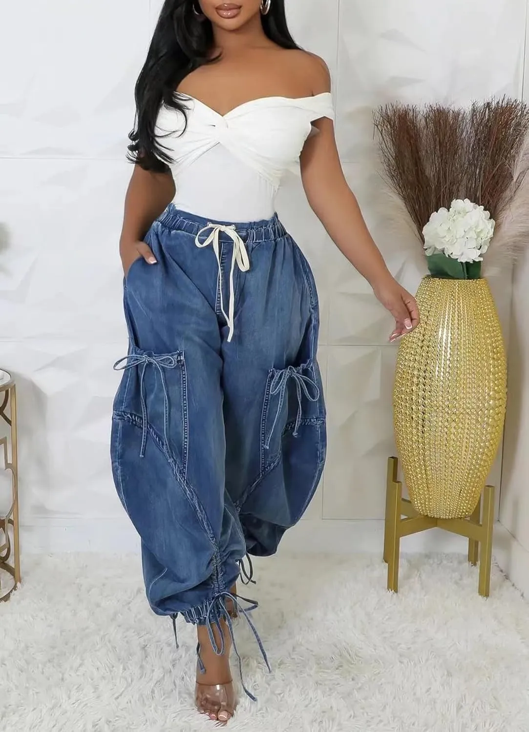 Womens Drawstring High Waist Baggy Straight Wide Leg Jeans Stretchy Y2k Loose Boyfriend Cargo Denim Pants Pockets